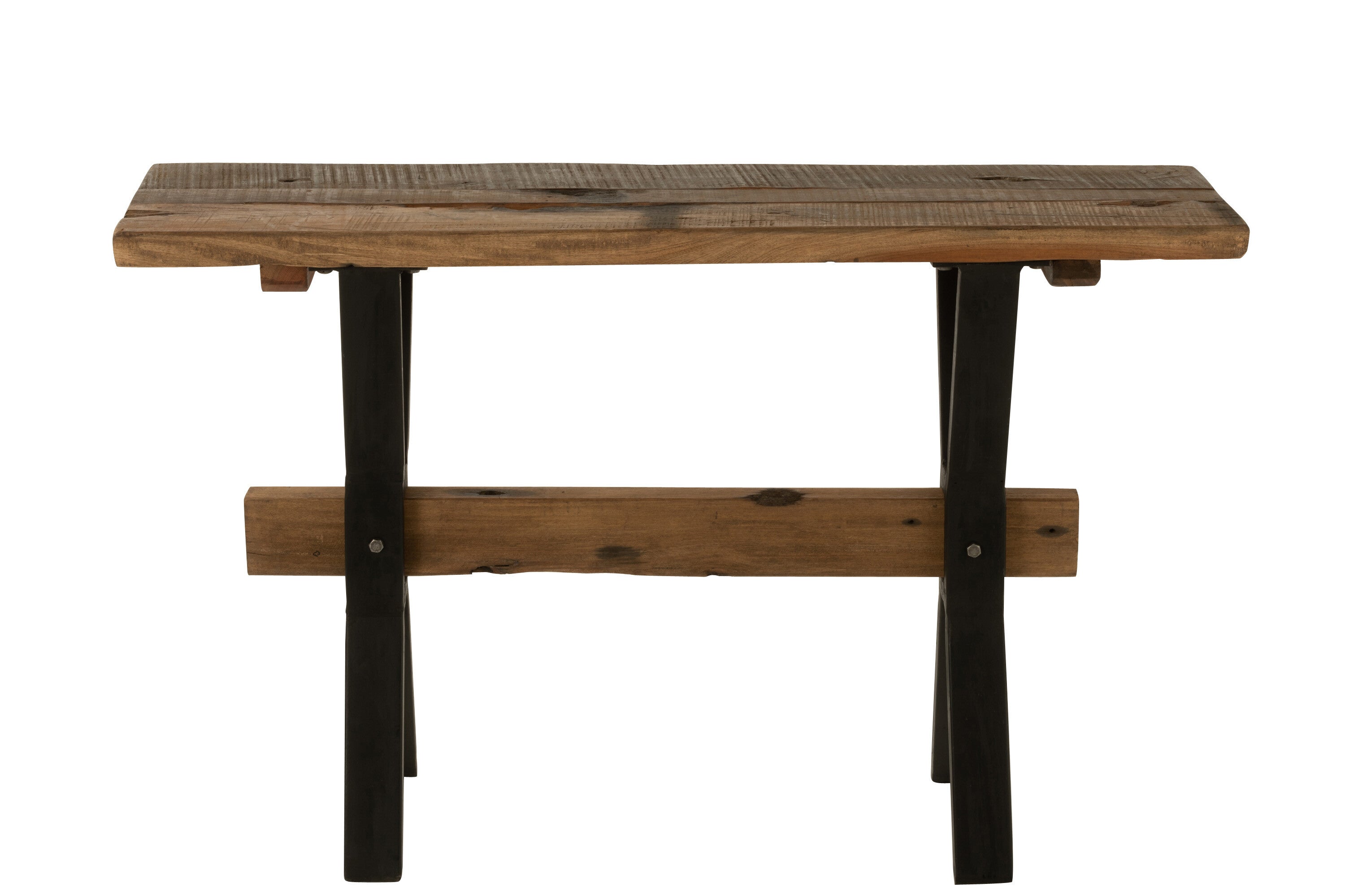 Vintage Konsolen Tisch aus gealtertem Holz in Braun mit schwarzem Metallgestell - Charaktervolles Design für Ihren Raum