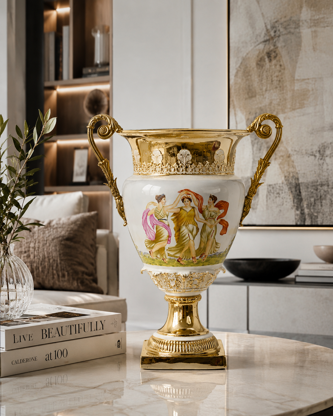 Amphoren Vase Porzellan Bronze Montiert mit Antikmotiv Höhe 56cm