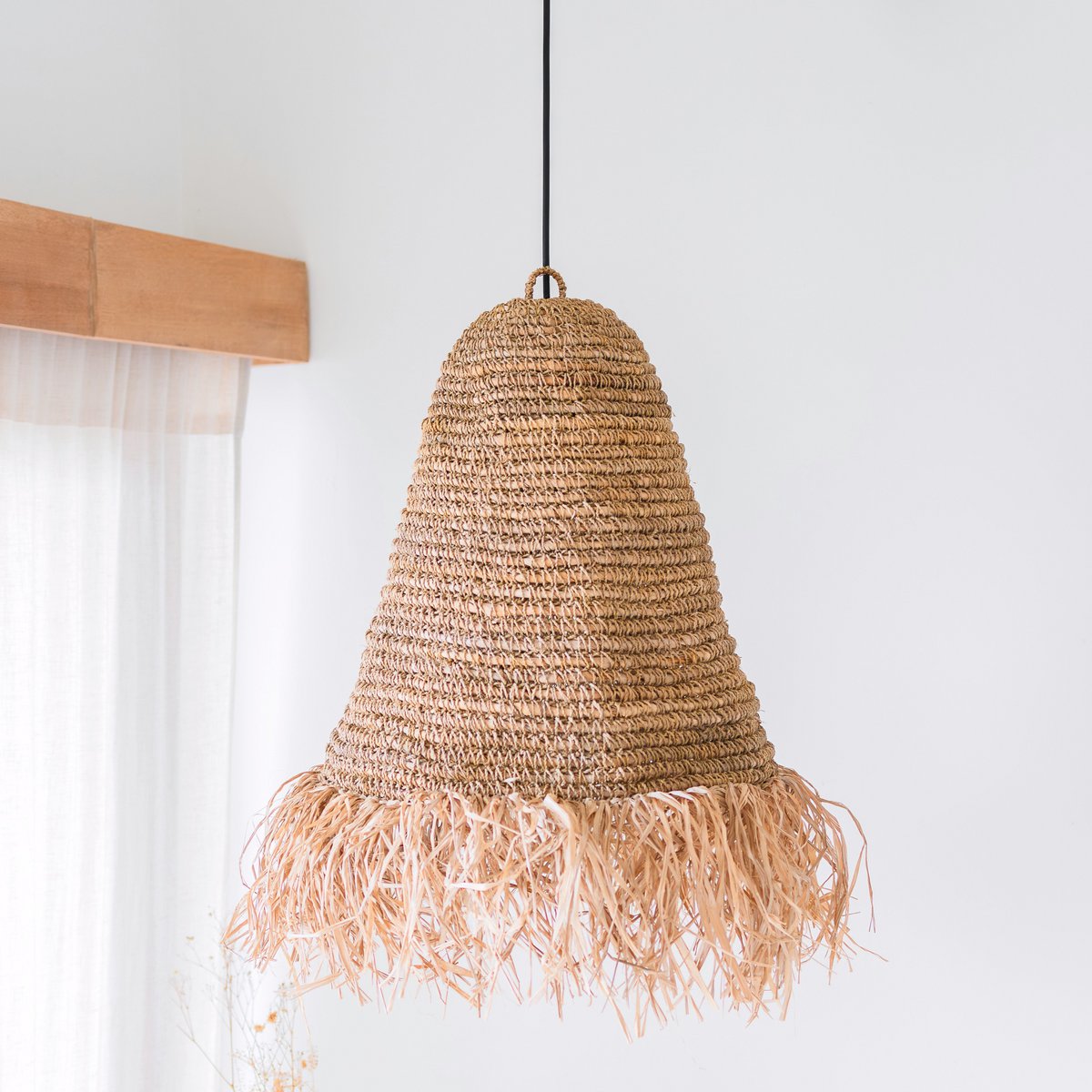 Raffia Boho Lampenschirm – Hängelampe – Pendelleuchte – handgewebte Deckenleuchte mit langen Fransen (3 Größen Ø 30/40/50 cm) KALIMA