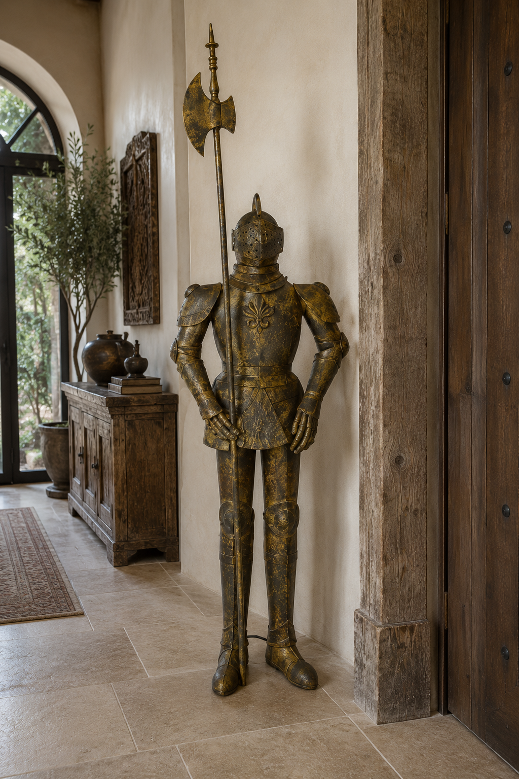 Ritterrüstung Dekofigur Eisen Antik mit Hellebarde Höhe 213cm