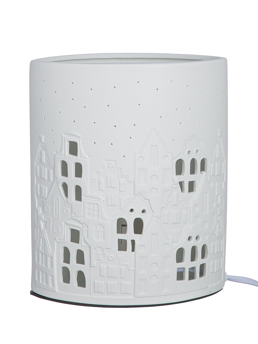 Tafellamp “City Lights” – wit porselein met huismotief