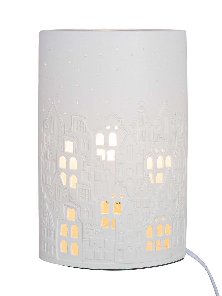 Tafellamp “City Lights” – wit porselein met huismotief