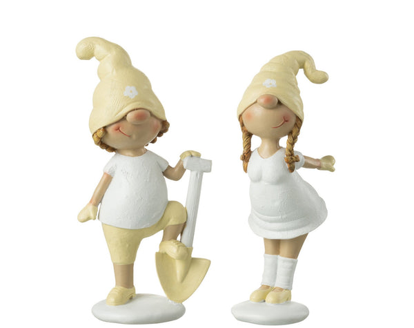 Entzückendes 2tlg Figurenset Jungen & Mädchen mit Mütze und Schaufel in Gelb/Weiß - Handgefertigte Dekoration
