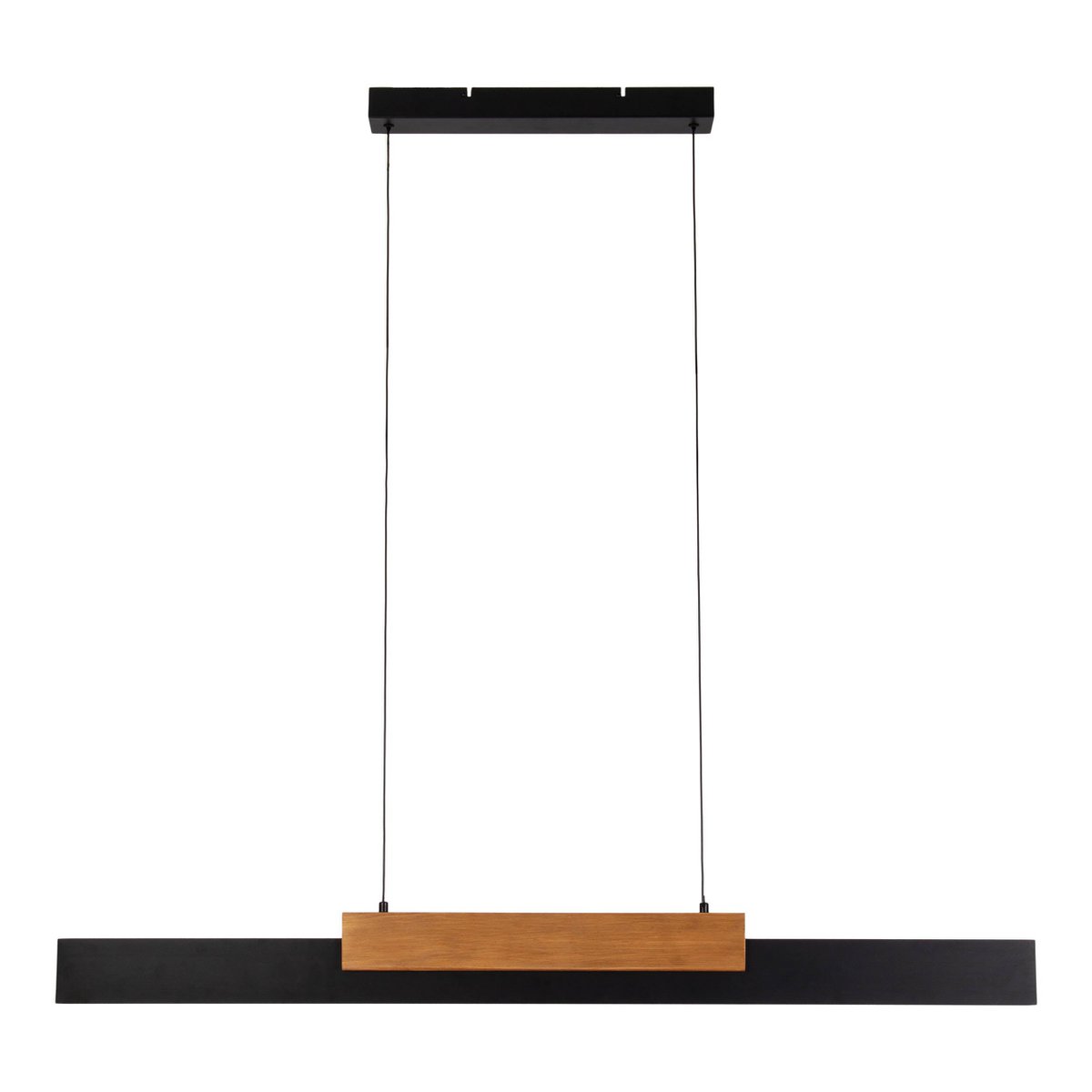 LED Pendelleuchte braun "WIEBKE" besteht aus Metall und Holz (MDF) in Schwarz und Braun. Sie ist ca. 120,5 cm lang, ca. 6 cm breit und bis ca. 150 cm hoch. höhenverstellbar, mit integriertem Leuchtmittel, dimmbar, mit Memory-Effekt