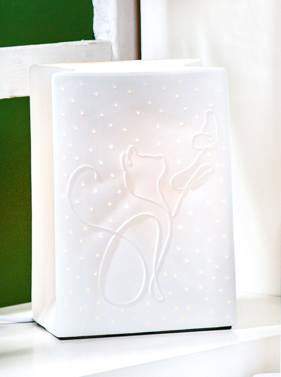 Tischleuchte "Love Cat" – Weißes Porzellan mit Katzenmotiv