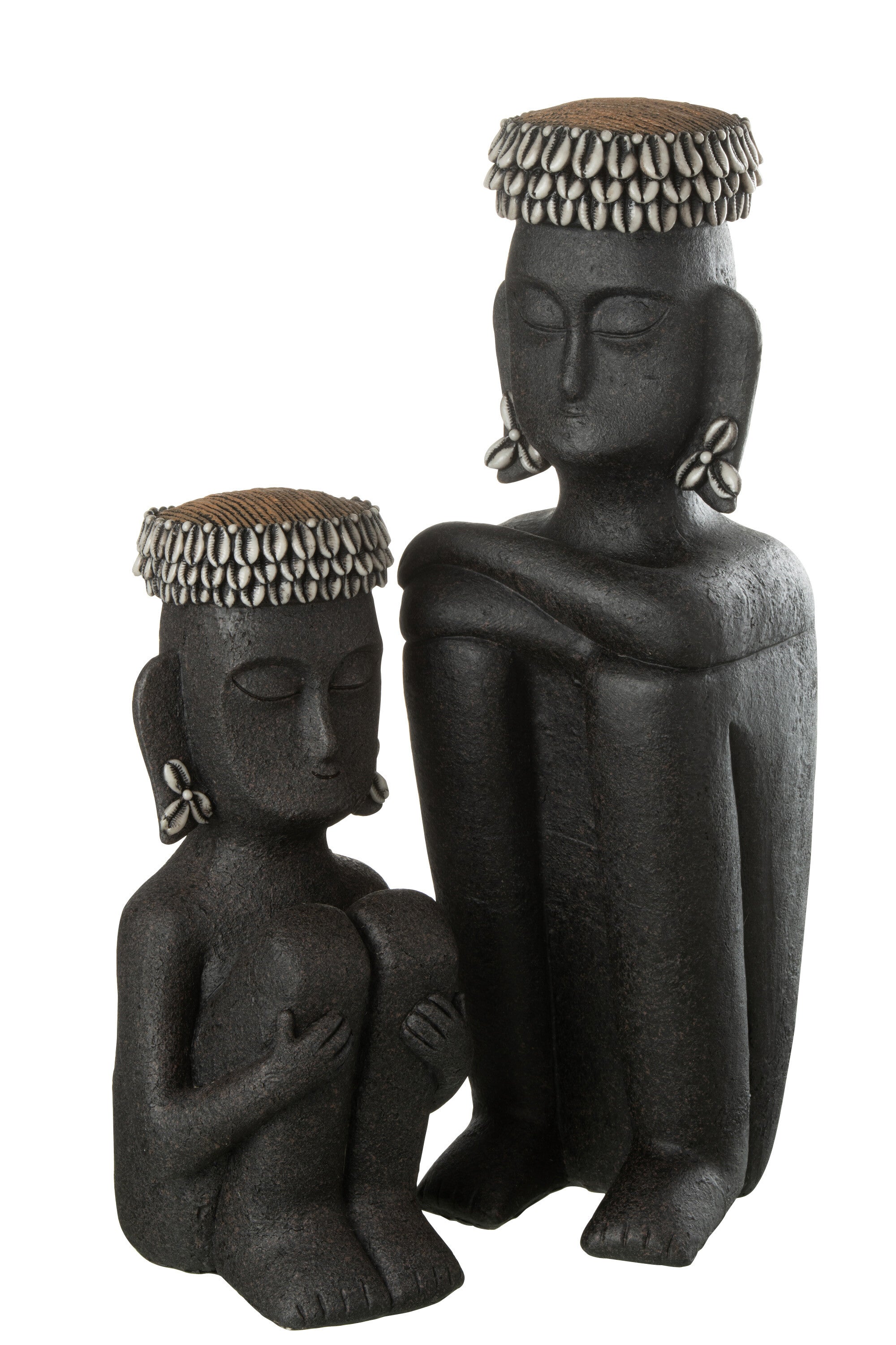 2er Set Ethnische Statuen BUJAD Sitzend, Stein Resin, Schwarz