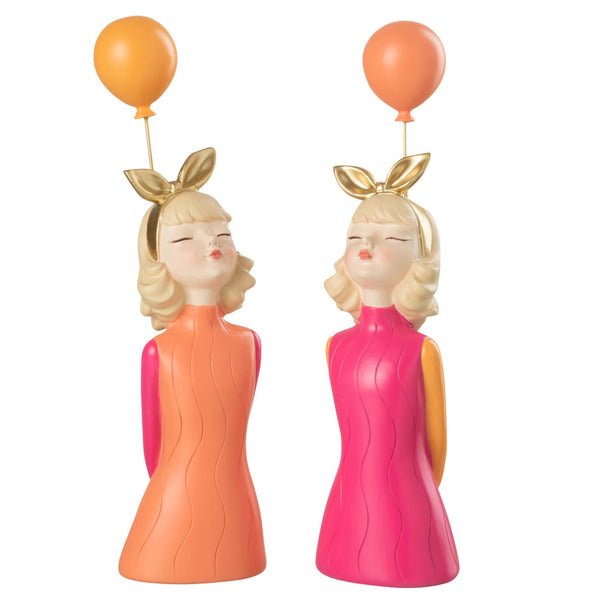 Ballonfreude - 2er Set Mädchen mit Luftballon, Polyresin Skulpturen in Orange & Pink