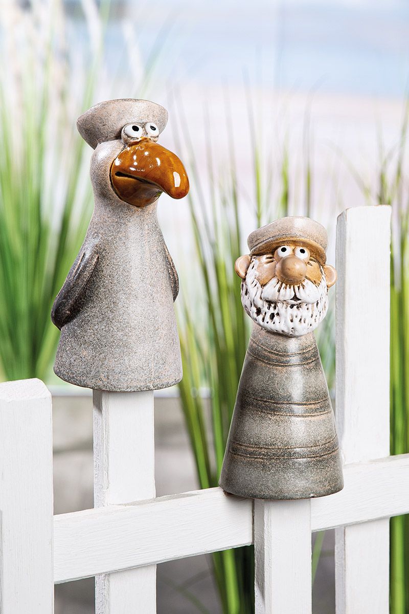 Maritime Zaunfiguren Matrose und Möwe aus Keramik 2er Set