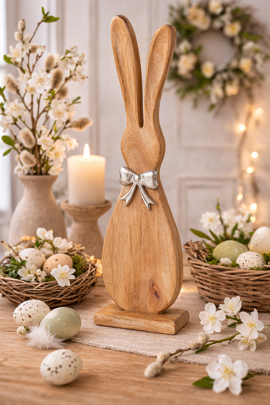 Dekofigur Hase Helmy Holz Natur Silber Mango Holz Handarbeit 41cm