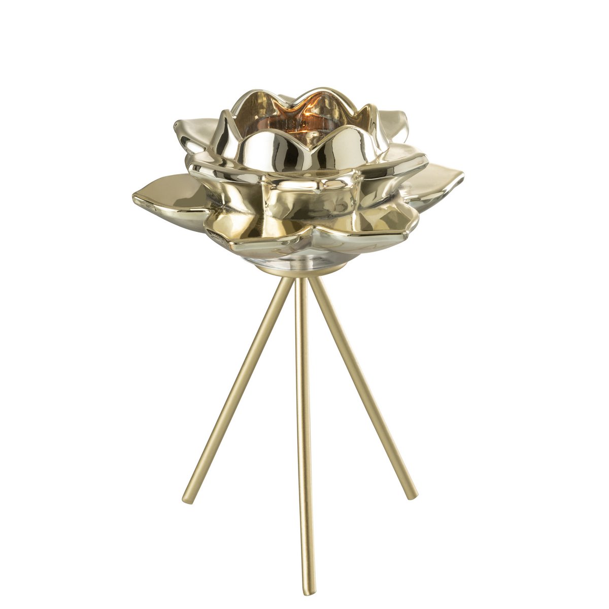 Luxuriöser Teelichthalter in Blumenform mit Dreibein-Stativ, Gold