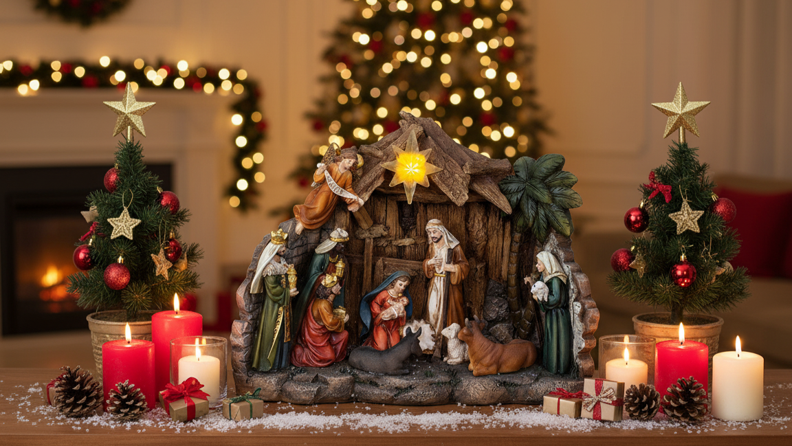 Weihnachtskrippe Stella mit LED Stern 11 teiliges Set Polyresin