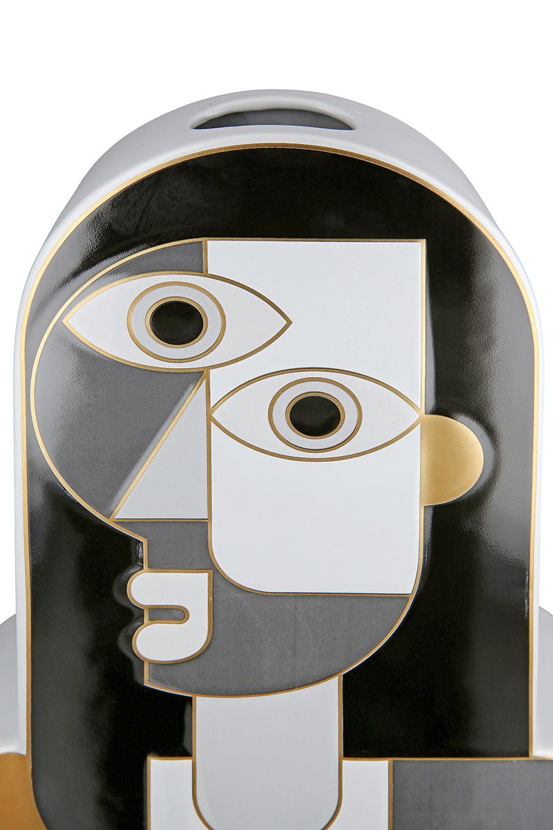 Set of 2 Ceramic Face Vase Picasso - Grey, Black, Copper - Artistic Decoration