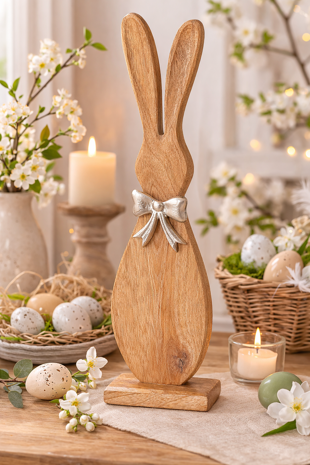 Dekofigur Hase Helmy Holz Natur Silber Mango Holz Handarbeit 41cm