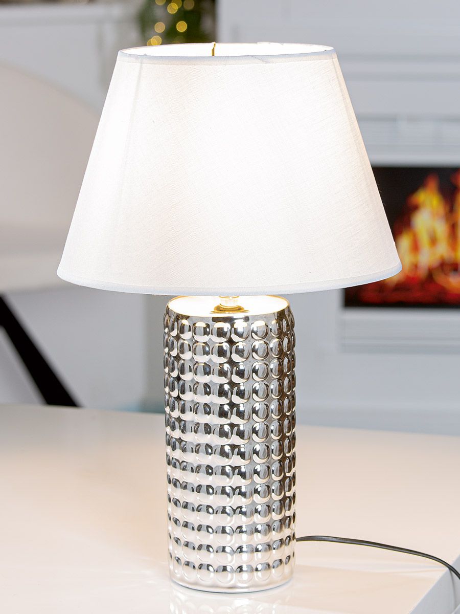 2er Set Tischleuchte Bolla – Silberne Keramik mit Weißem Lampenschirm