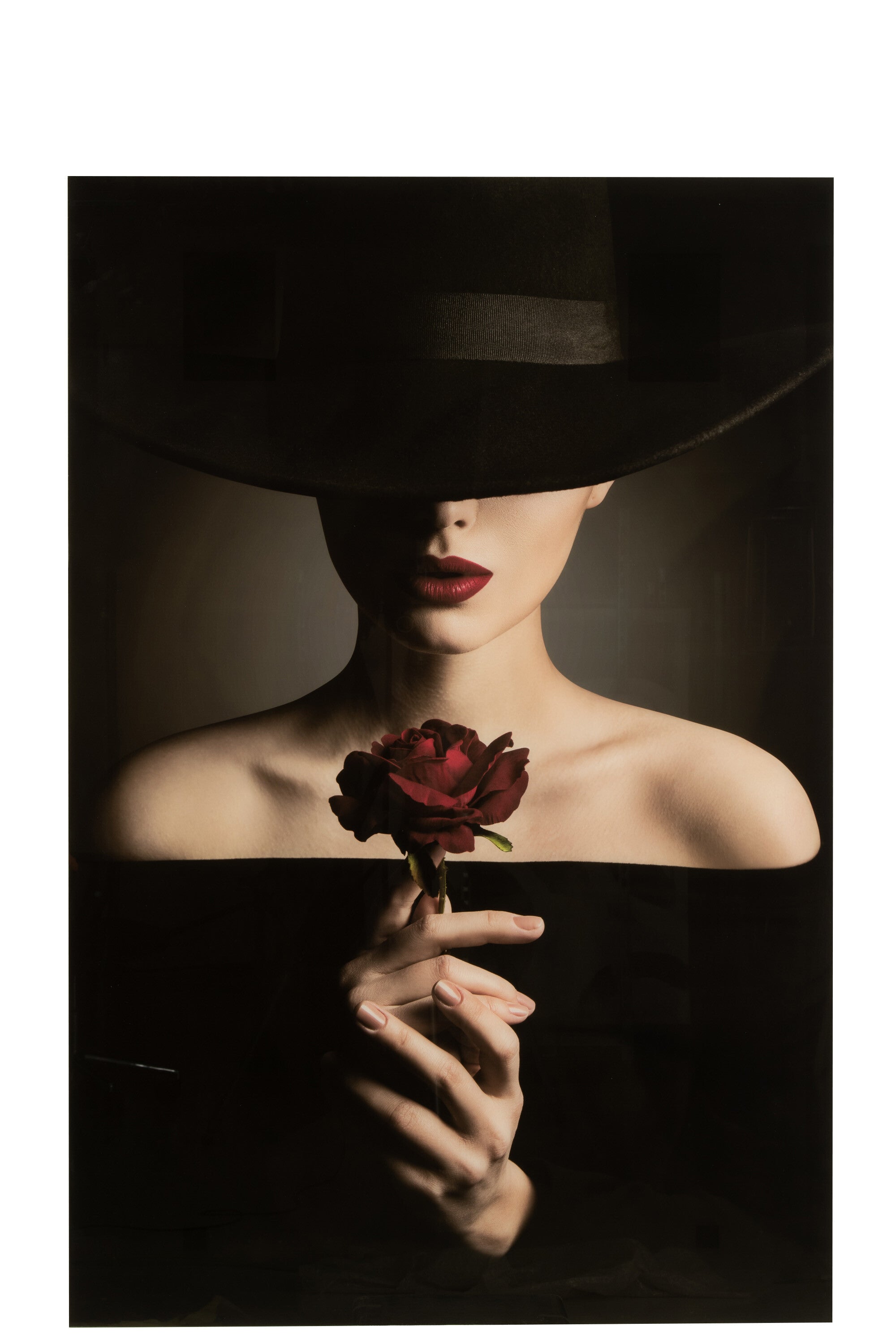 Elegantes Glas-Wandbild Frau mit roten Lippen, Rose und schwarzem Hut