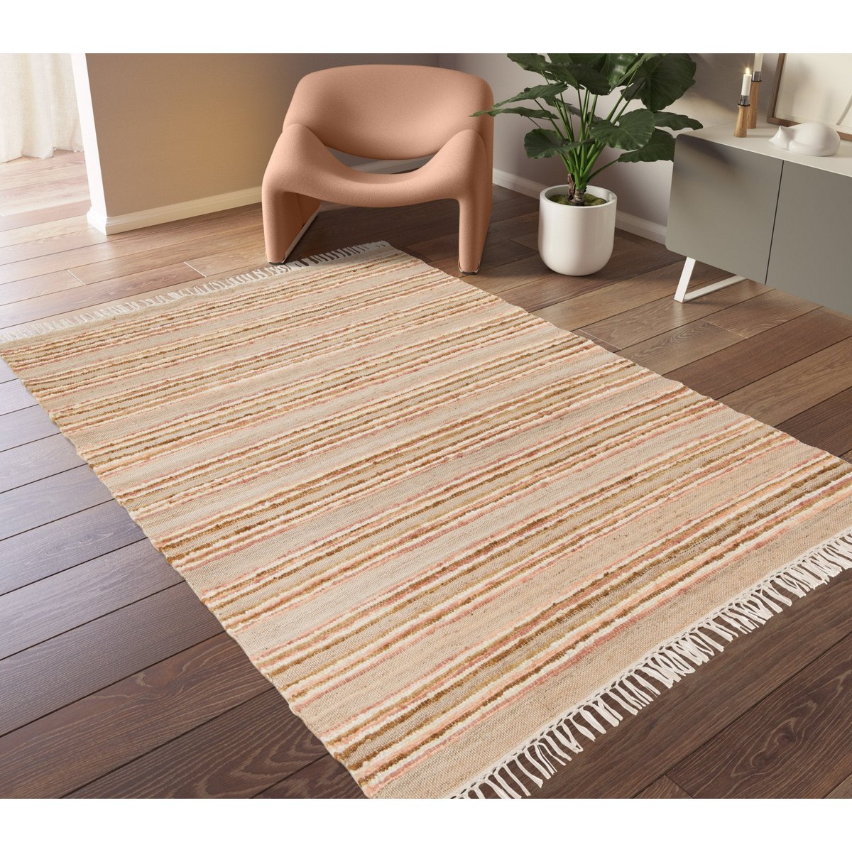 Handgefertigter Woll -Wollteppich und Jute Raj