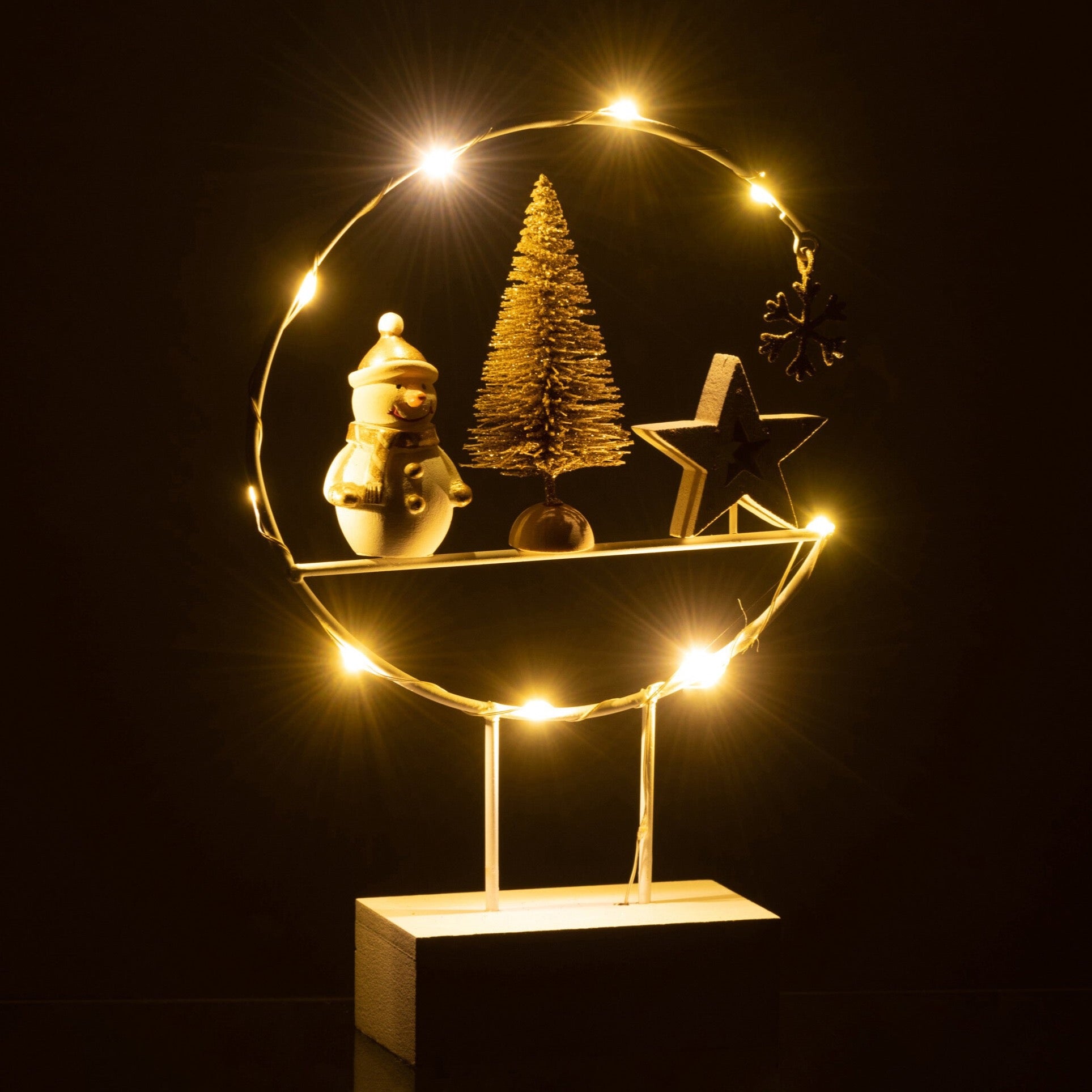 Festive LED semicircle on base - snowman, Christmas tree & star in white/gold