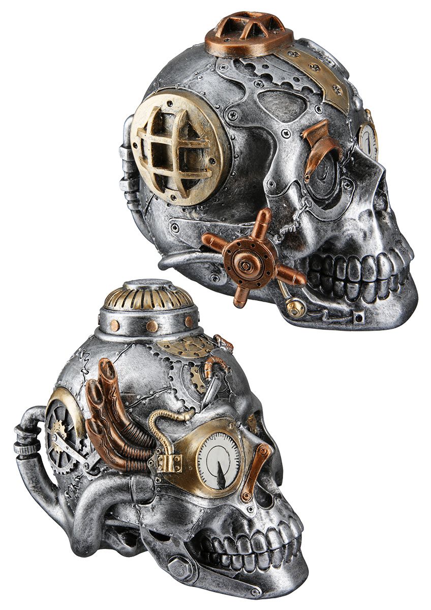 Handgefertigtes 2-teiliges Poly Skulptur Set 'Steampunk Skull' im Industriellen Stil