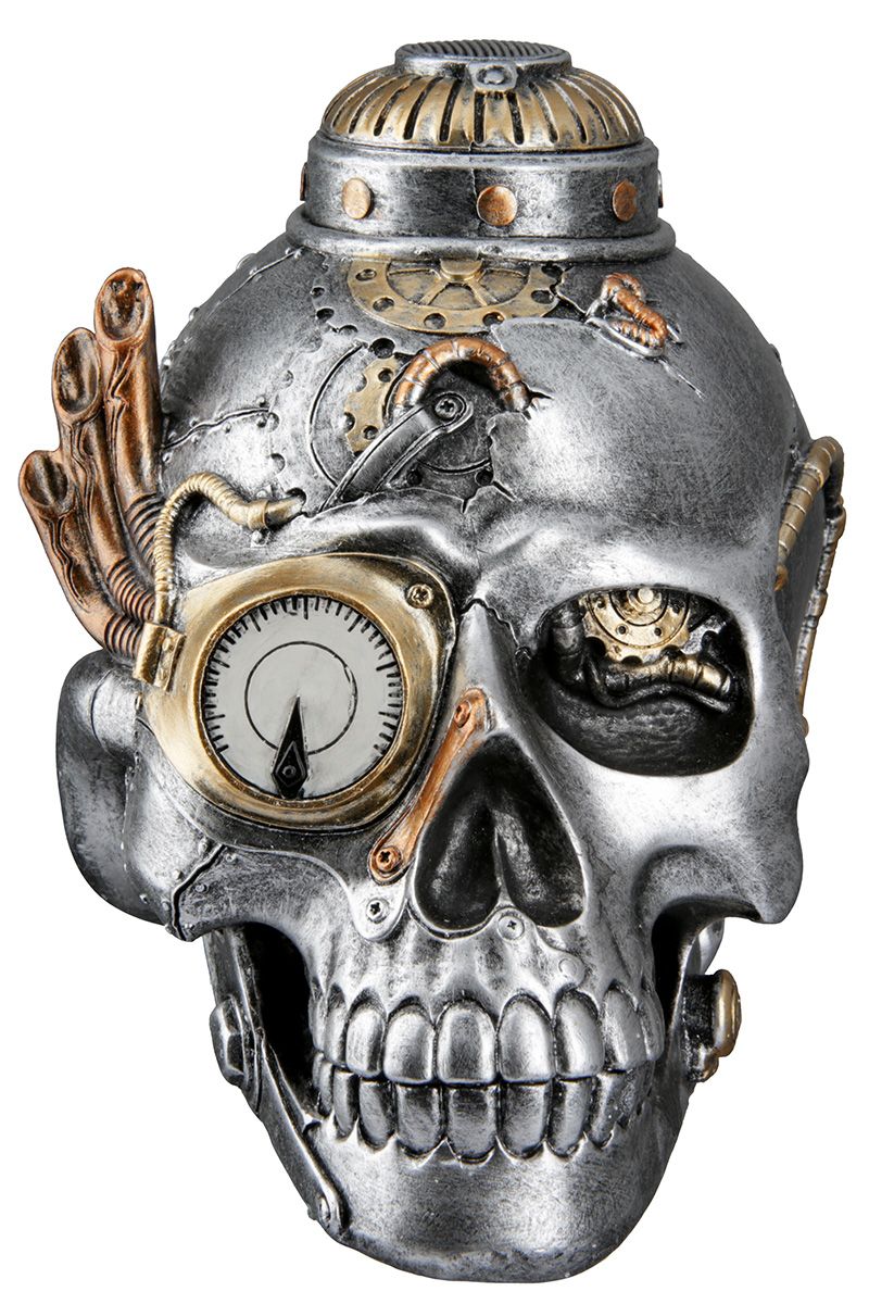 Handgefertigtes 2-teiliges Poly Skulptur Set 'Steampunk Skull' im Industriellen Stil