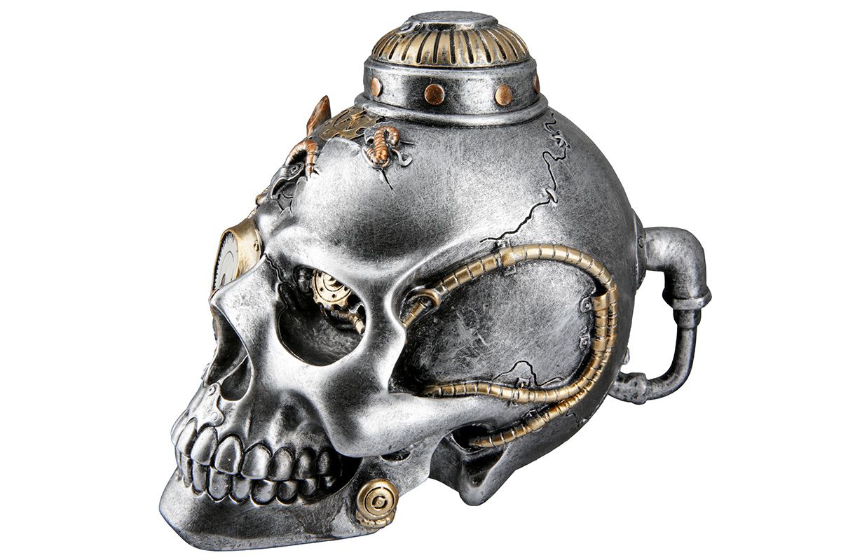 Handgefertigtes 2-teiliges Poly Skulptur Set 'Steampunk Skull' im Industriellen Stil