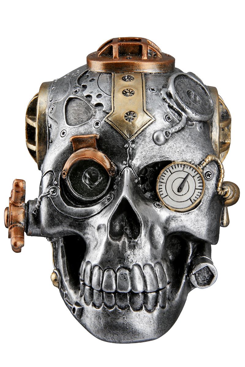 Handgefertigtes 2-teiliges Poly Skulptur Set 'Steampunk Skull' im Industriellen Stil