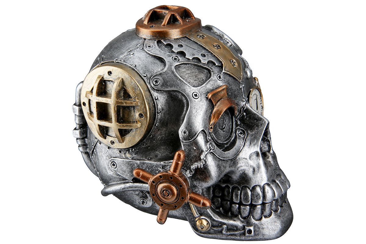 Handgefertigtes 2-teiliges Poly Skulptur Set 'Steampunk Skull' im Industriellen Stil