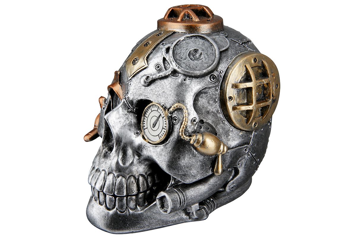 Handgefertigtes 2-teiliges Poly Skulptur Set 'Steampunk Skull' im Industriellen Stil
