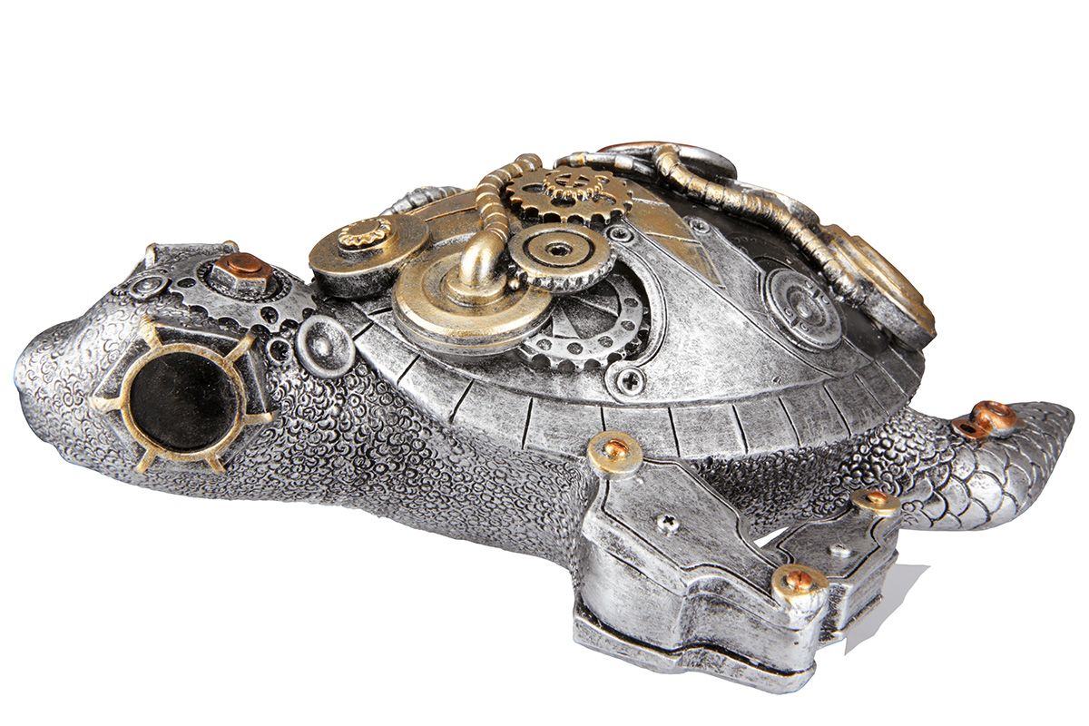 Handgefertigtes 2er Set Poly Skulpturen 'Steampunk Turtle' im Retro-Futuristischen Stil