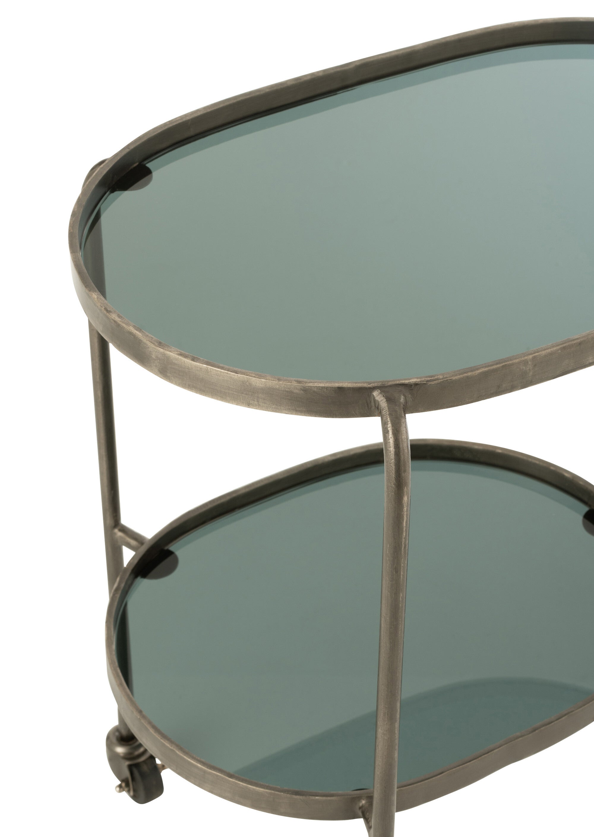 Eleganter handgefertigter Servierwagen mit zwei Stufen - Eisenstruktur mit Glasregalen in Grau