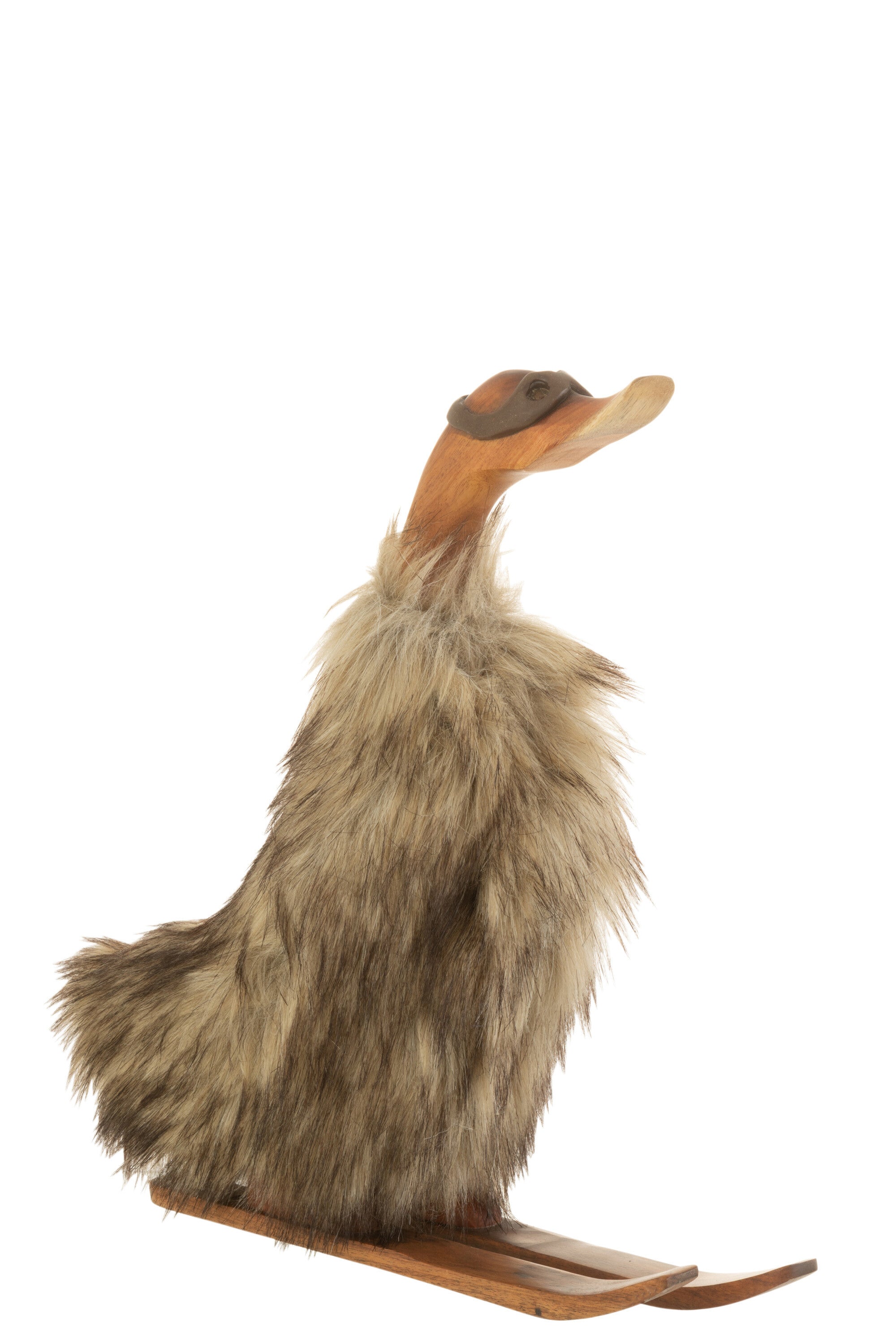 Deko Ente auf Ski aus Holz und Fell, Braun 39cm