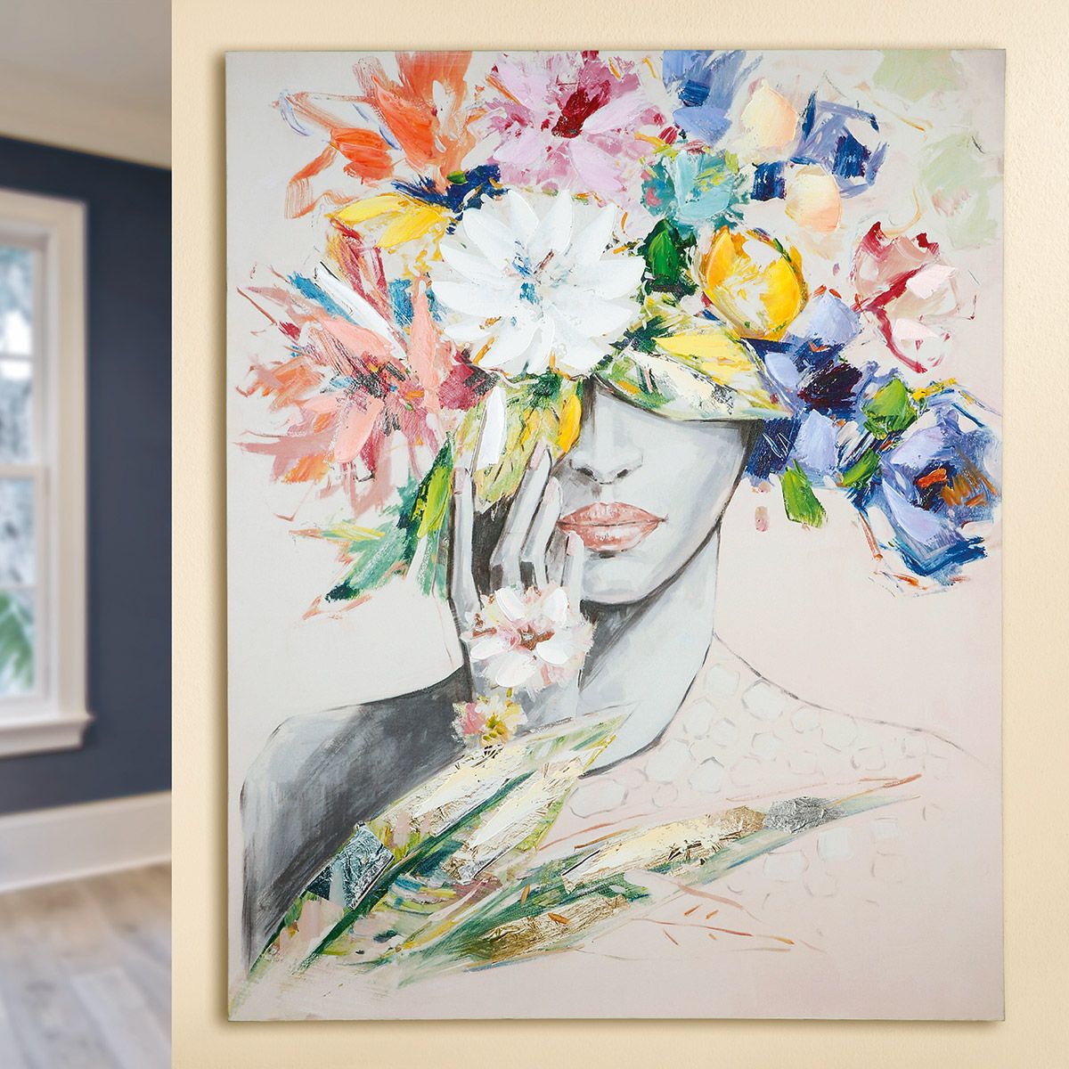 Holz Leinen Bild "Frau mit Blumenhut" – Ein Hauch von Eleganz 100x80cm