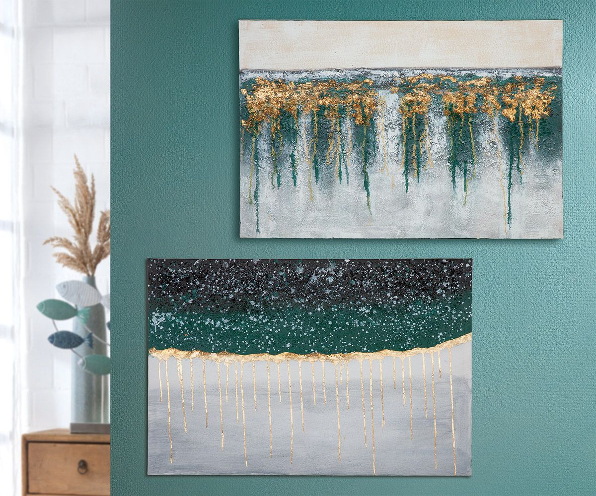 Kunstvolles Holz/Leinen Bild "Golden Shiver" – Eine harmonische Komposition in Creme, Petrol, Schwarz und Gold