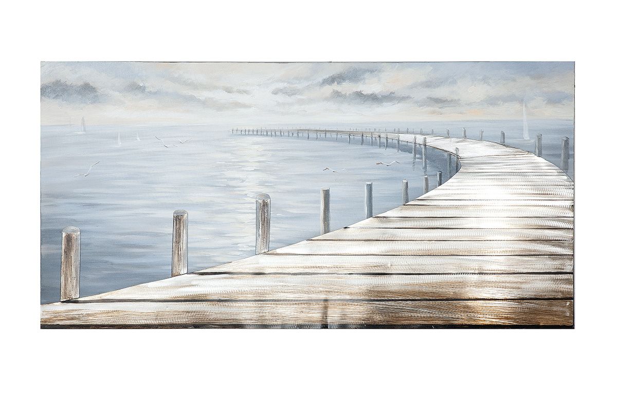 Handgemaltes Leinwandbild Küstensteg in Blau mit 3D-Effekt