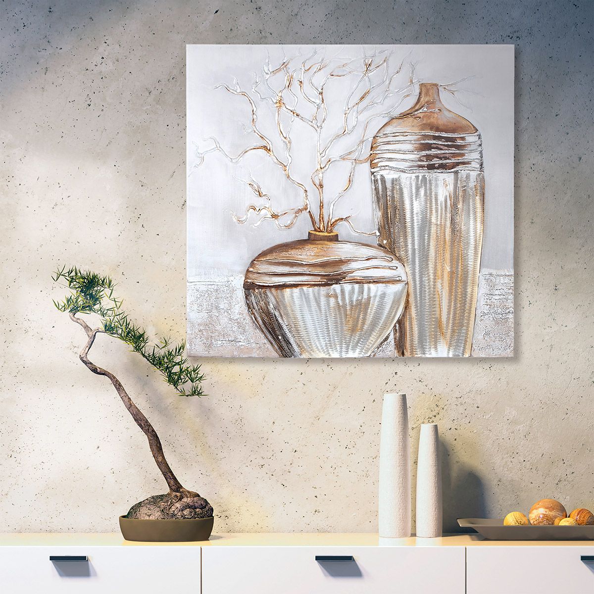 Wandbild Zweig in Vase 3D quadratisch Leinwand braun silber 80x80cm