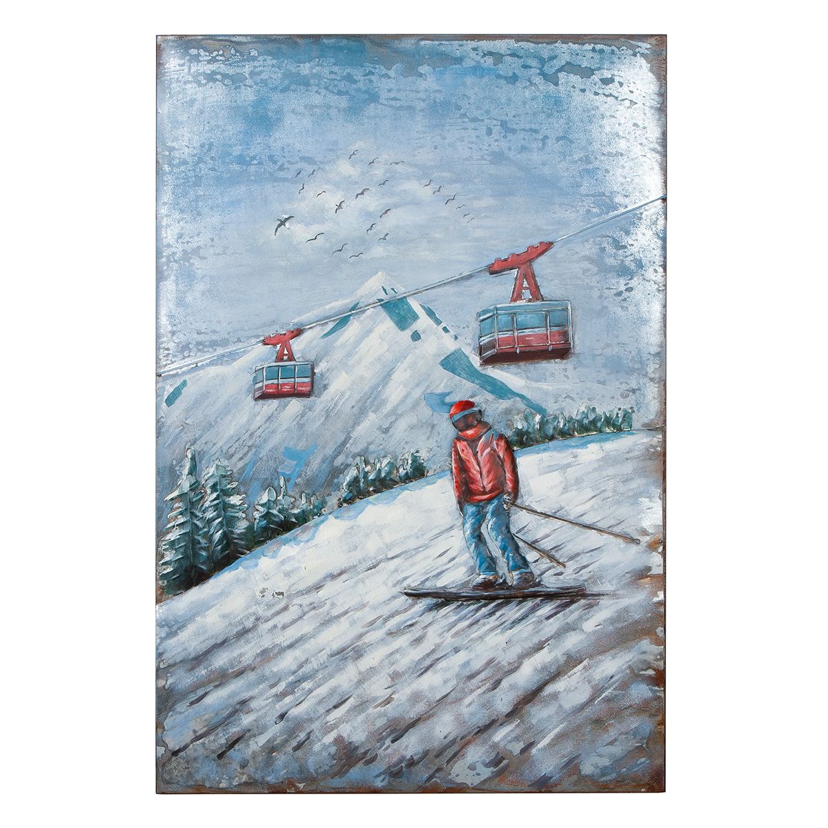 Metallbild Skifahrer Winterlandschaft Weiß Blau 120x80cm