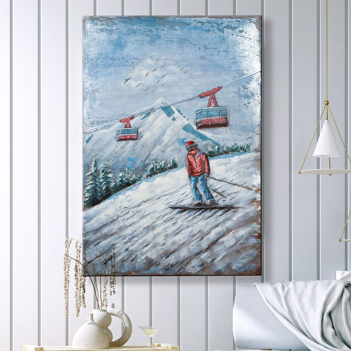 Metallbild Skifahrer Winterlandschaft Weiß Blau 120x80cm