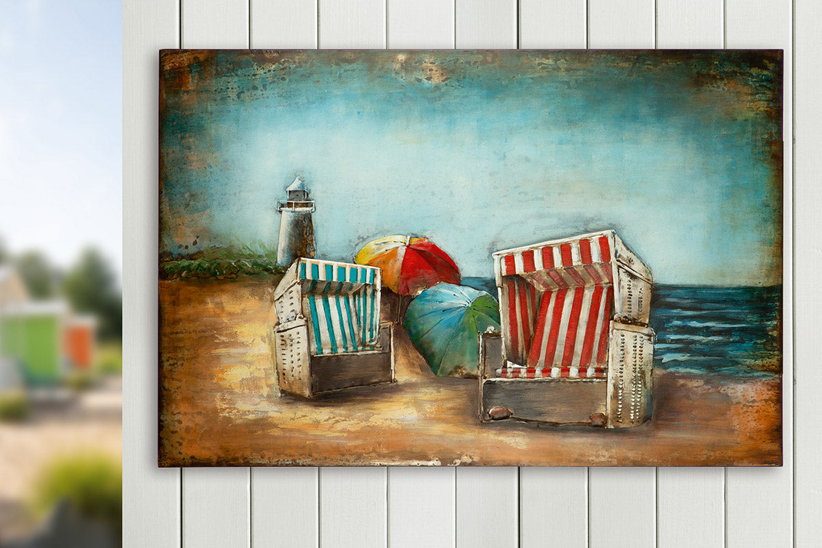 Metall Wandbild Strandkorb maritim 3D Optik 120x80cm