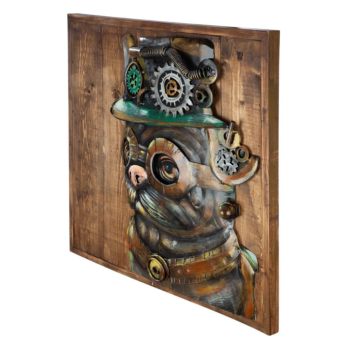 Wandbild Steampunk Dog Holz Metall 3D Optik quadratisch 50x50cm