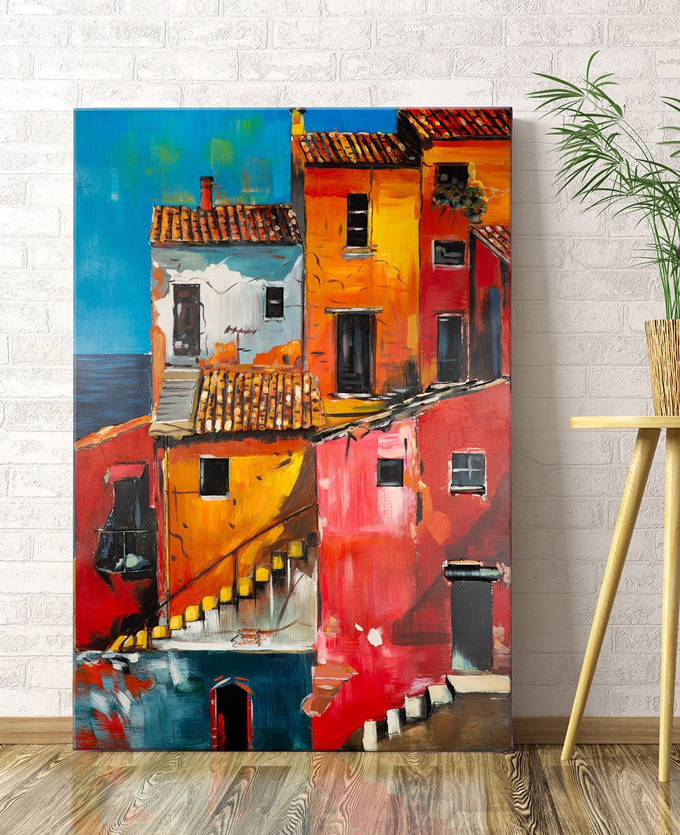 Metallbild Vernazza Hausmotiv orange rot 80 x 120 cm