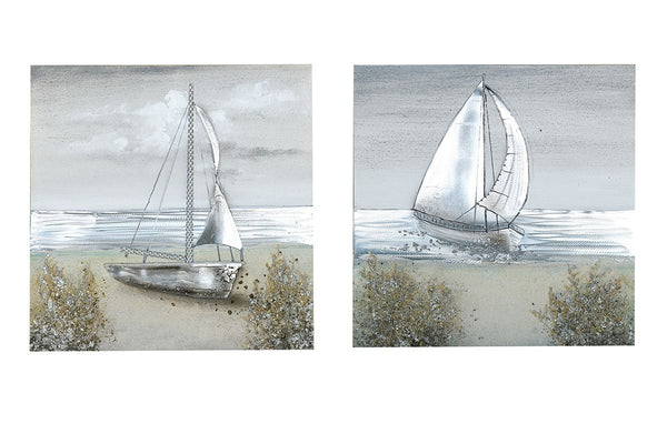 Handbemaltes 2er-Set Aluminium-Leinwandbilder "Sailing", Segelboot-Motiv, 50 x 50 cm
