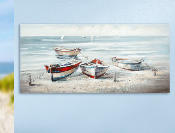 Handbemaltes Landschaftsbild "Strand-Boote" auf Kiefernholz-Leinwand, 70 x 150 cm