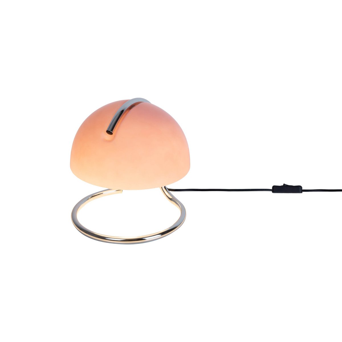 Tischleuchte "BURANO" rosa, ca. 25 cm hoch, Ø 23,5 cm, aus chromfarbenem Metall und rosanem Glas, E27.