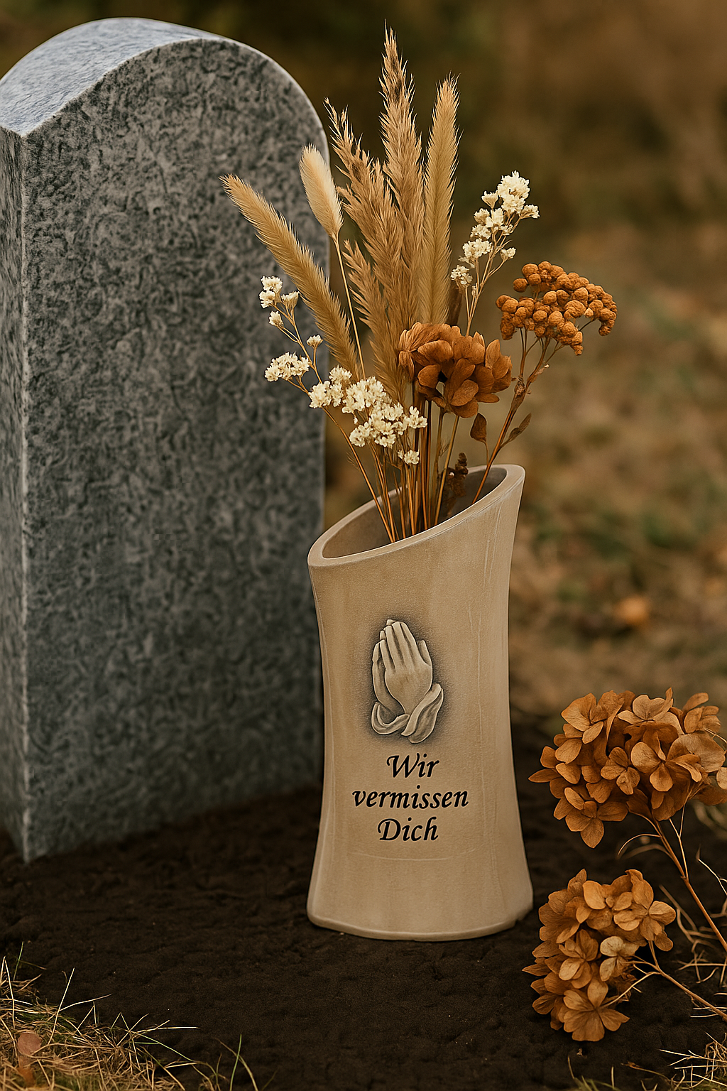 Grabvase Wir vermissen Dich in Herzform aus Polyresin