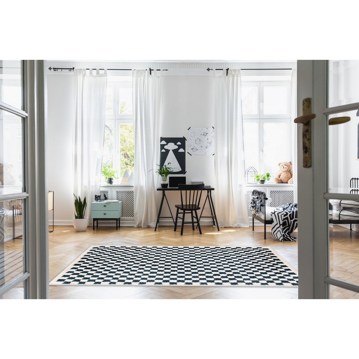 Weicher und sperriger langer Checker -Checkerboard -Checkterteppich