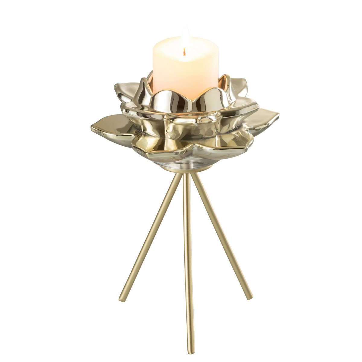 Luxuriöser Teelichthalter in Blumenform mit Dreibein-Stativ, Gold