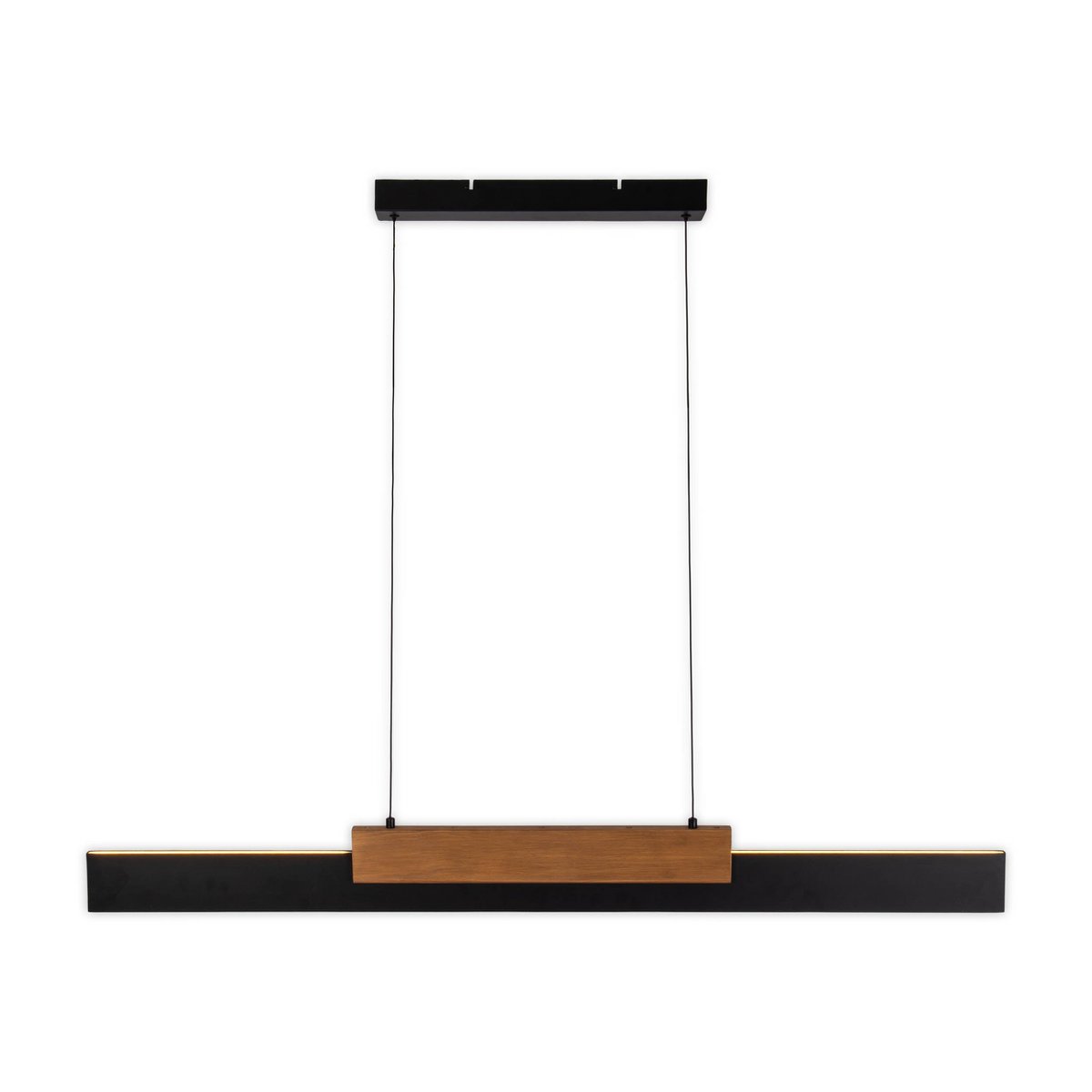 LED Pendelleuchte braun "WIEBKE" besteht aus Metall und Holz (MDF) in Schwarz und Braun. Sie ist ca. 120,5 cm lang, ca. 6 cm breit und bis ca. 150 cm hoch. höhenverstellbar, mit integriertem Leuchtmittel, dimmbar, mit Memory-Effekt