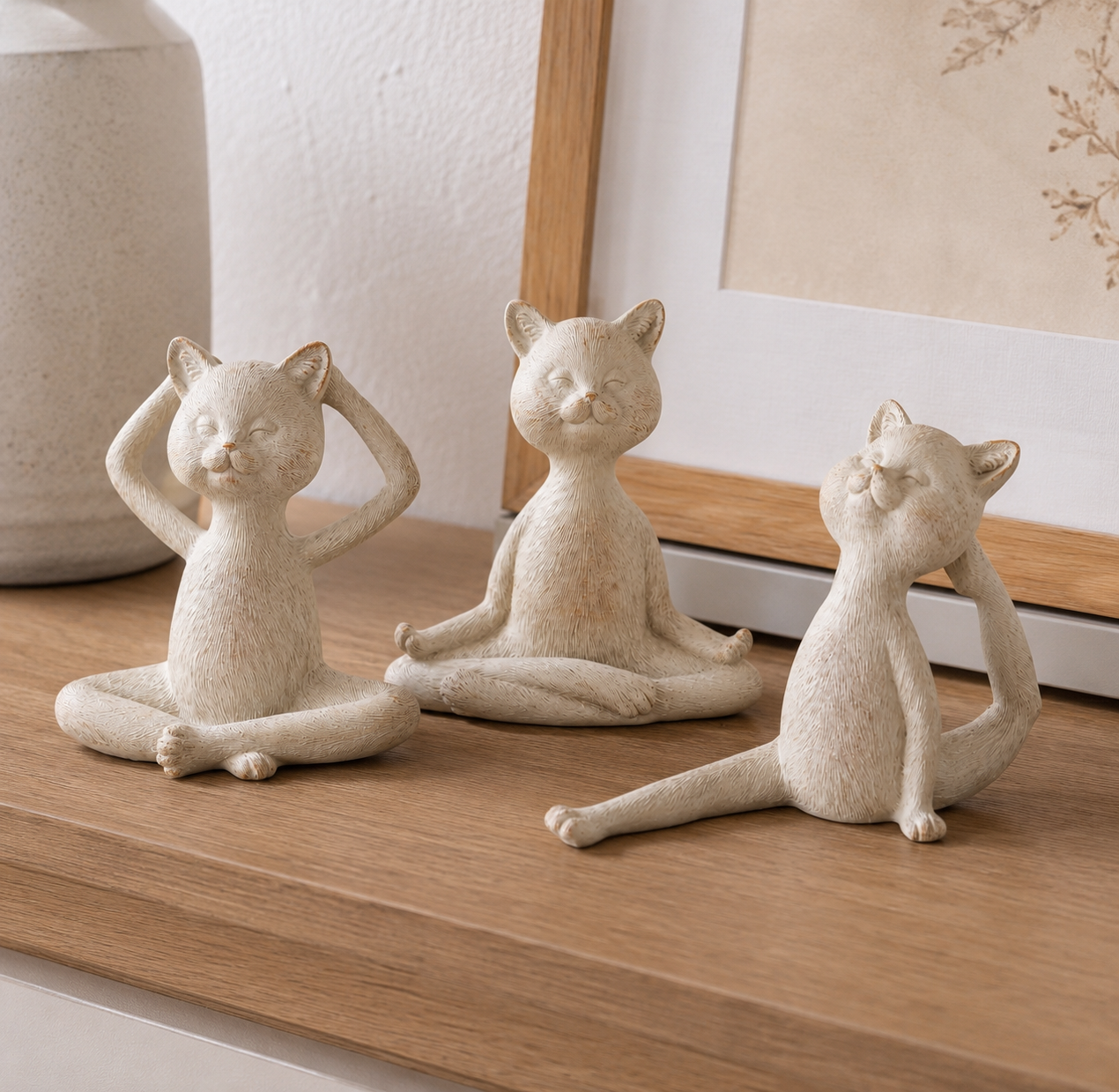 Set of 3 yoga cat decorative figures LUNA - 15 cm beige