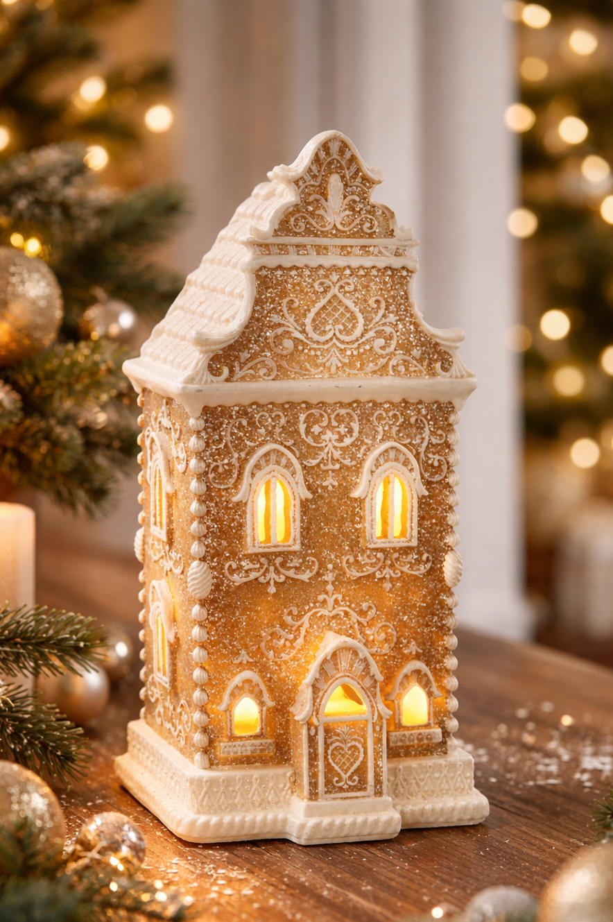 Gingerbread House Christmas Decoration Made of Polyresin with LED Lighting