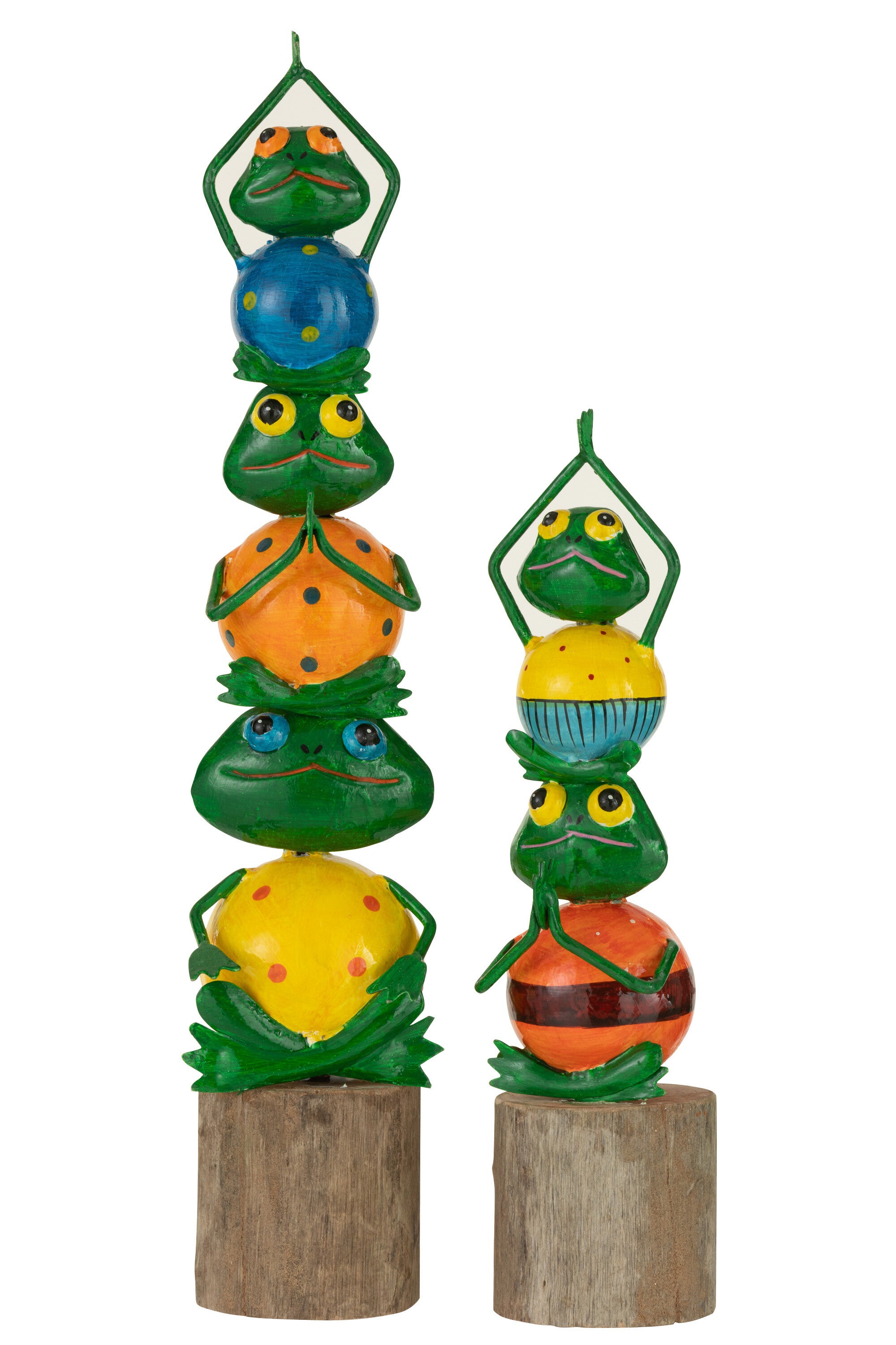 Set van 3 mediterende kikkers van metaal op houten balken, 3 kikkers op elkaar - handgemaakte en beschilderde decoratieve figuren