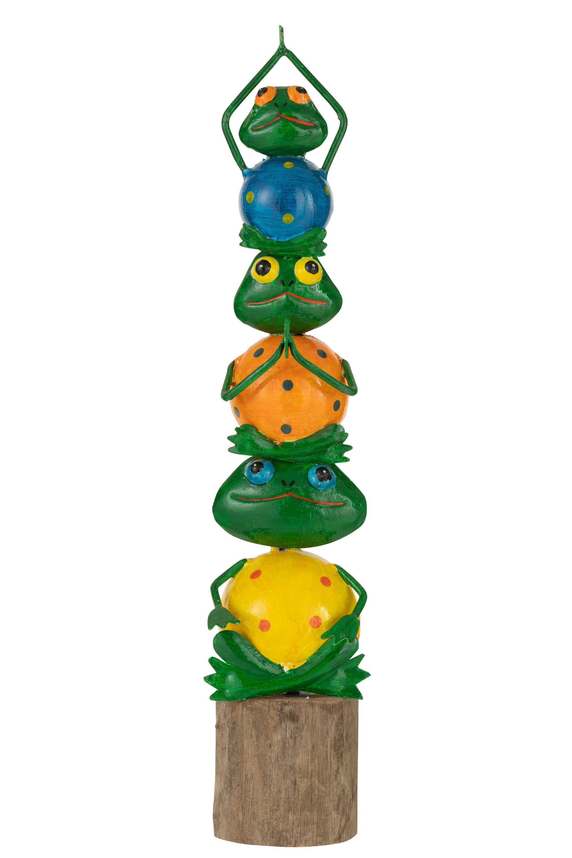 Set van 3 mediterende kikkers van metaal op houten balken, 3 kikkers op elkaar - handgemaakte en beschilderde decoratieve figuren
